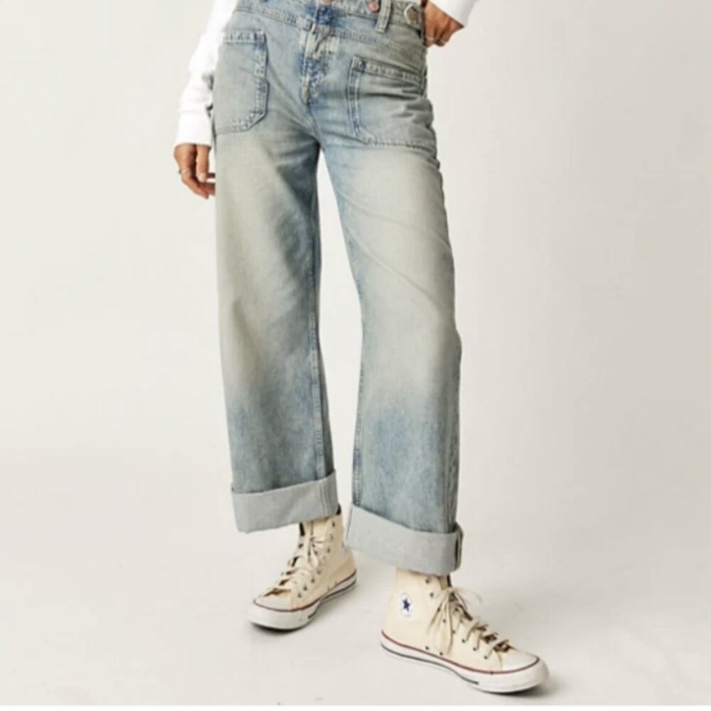Free People Palmer Cuff Jeans We The Free Size 32 Blue Denim Button Fly